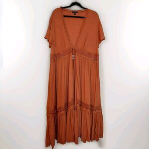 Torrid Size 2 Duster Terra Cotta Tie Front Lace Tiered Full Length Boho